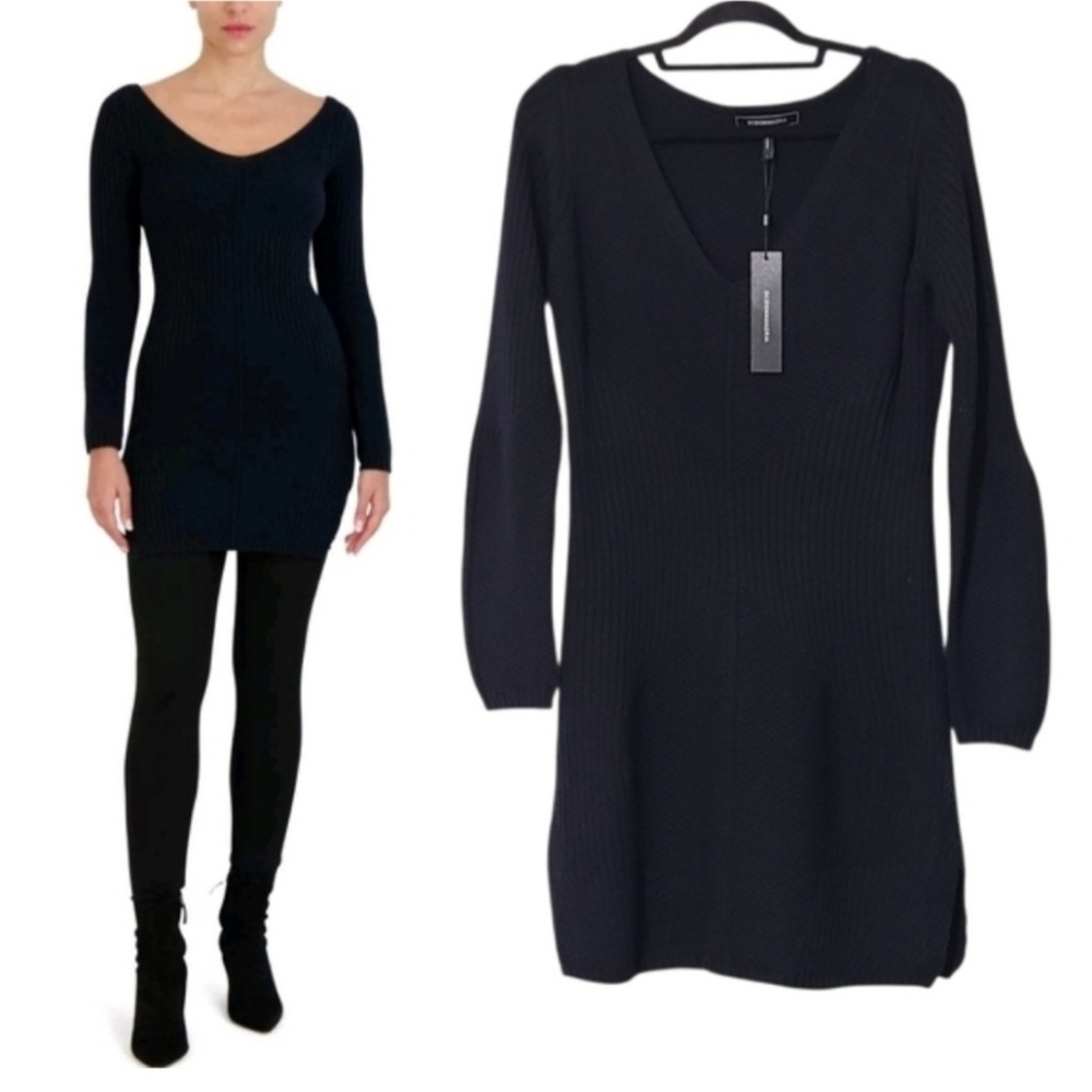 BCBGMAXAZRIA Black Wool Blend V-neck Rib Knit Sweater Dress Womens M